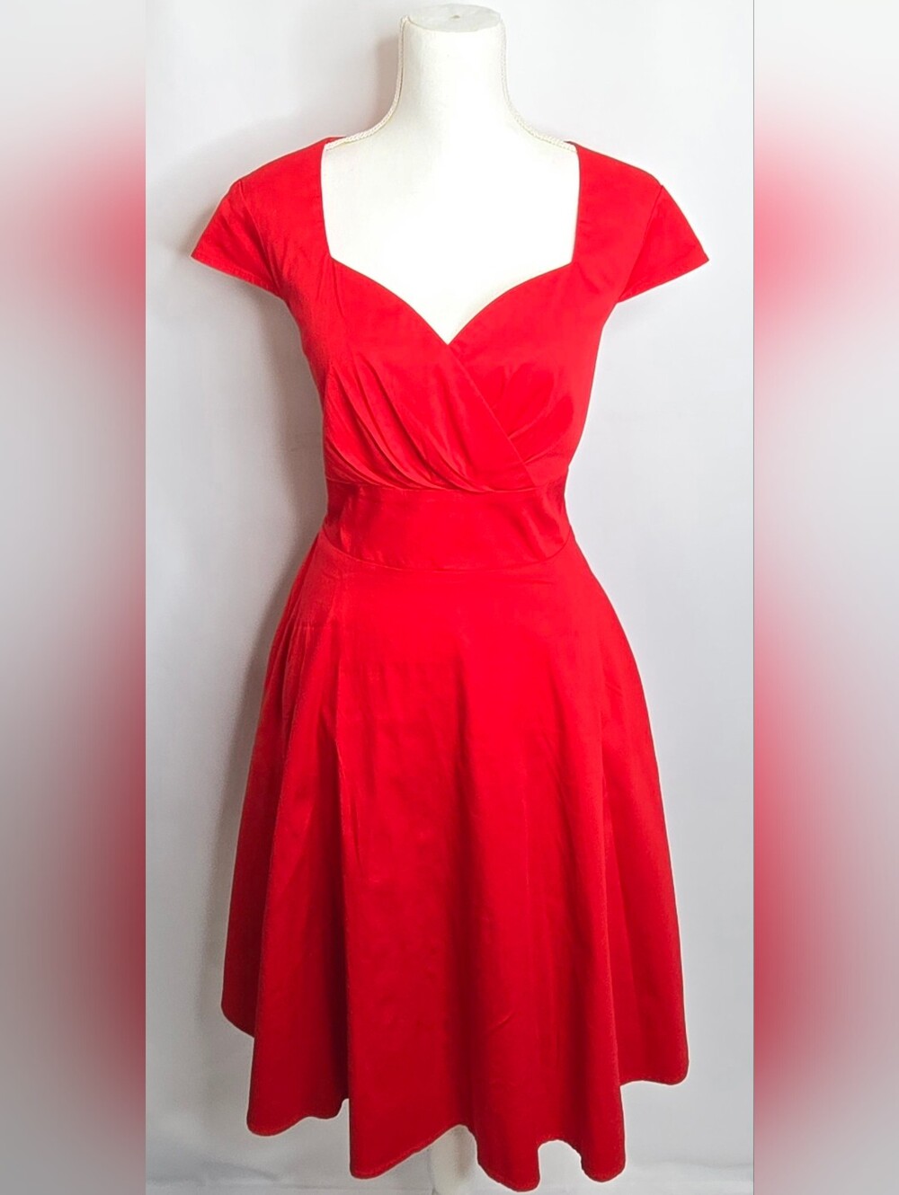 Hanger's Red Sweetheart Surplice Fit & Flare Dress Cap Sleeves Pockets‎ NWOT L
